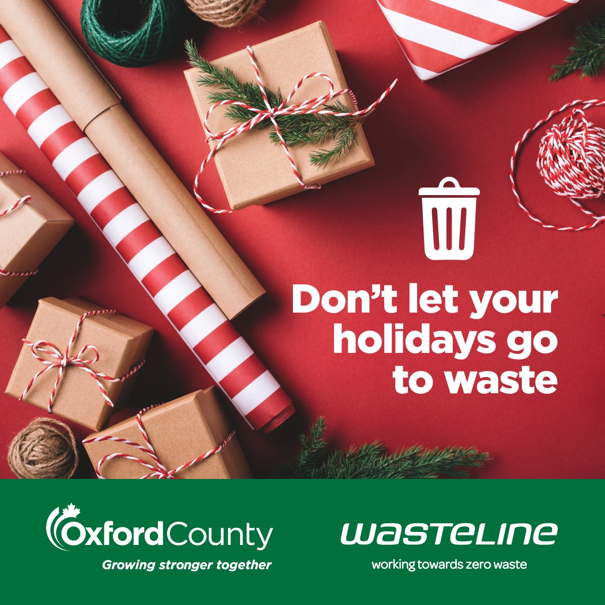 Don't let your holidays go to waste graphic with a photo of gift wrapping items