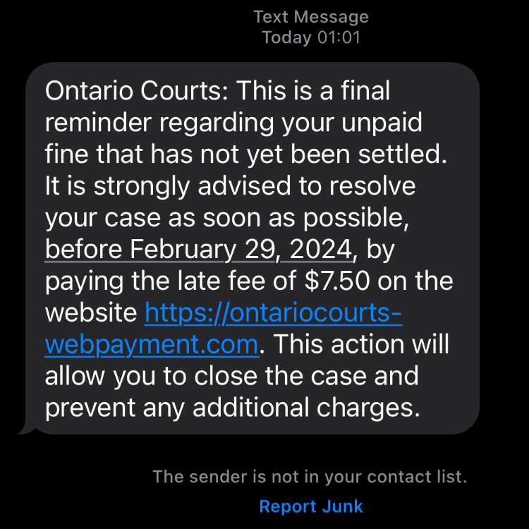 A photo of the fraudulent Ontario Court of Justice text message