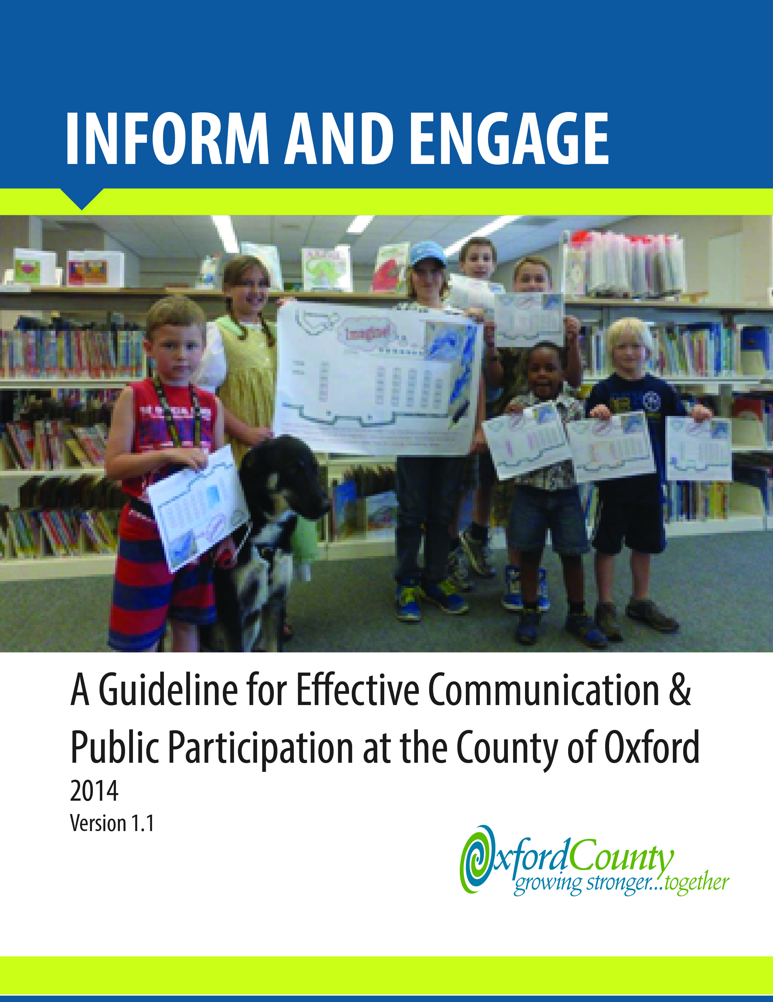 Children in a library holding up a sign, cover of the Inform and Engage publication