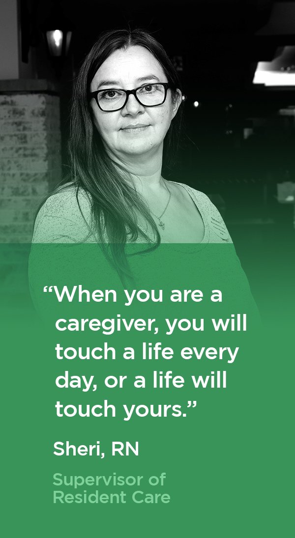 Nurse portrait and quote: "When you are a caregiver, you will touch a life every day, or a life will touch yours."