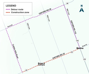 Oxford Road 25, Zorra, culvert replacement - Detour map