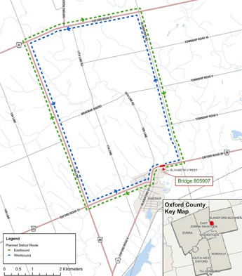 Oxford Road 29 bridge, Innerkip - Detour map