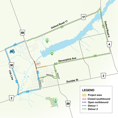 Oxford Road 35 reconstruction detour map