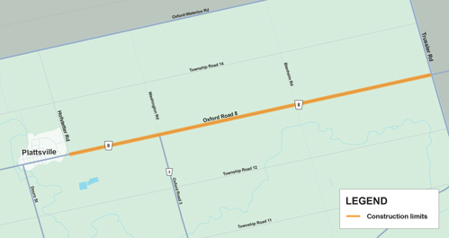 Map of construction limits for road resurfacing on Oxford Road 8