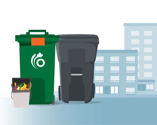 Large green bin and garbage bin in front of buildings