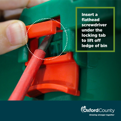 Insert a flathead screwdriver un the locking tab to lift off ledge of bin