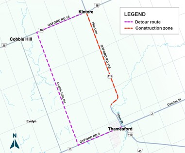 Oxford Road 119, Zorra, culvert replacement - Detour map
