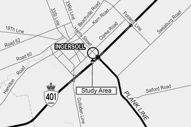 Oxford Road 119 (Harris Street) and Clarke Road improvements in Ingersoll - Study area map