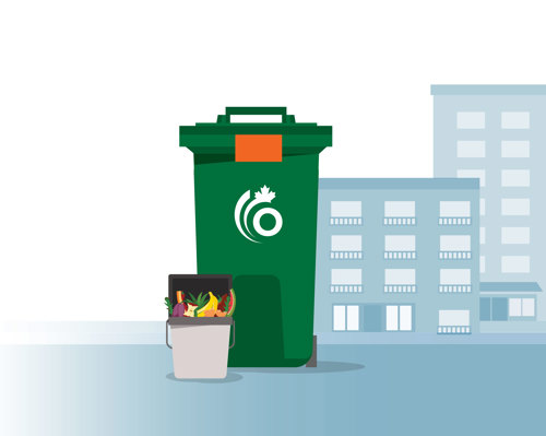 Graphic of a green bin and kitchen catcher in front of apartment buildings