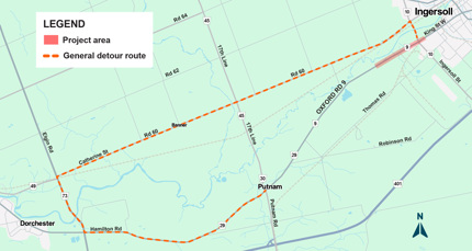 Oxford Road 9, Ingersoll - Detour map
