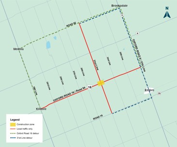 OR 16 and 31st line construction detour map. Details in text.