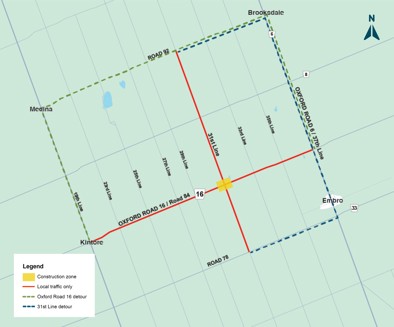 OR 16 and 31st line construction detour map. Details in text.