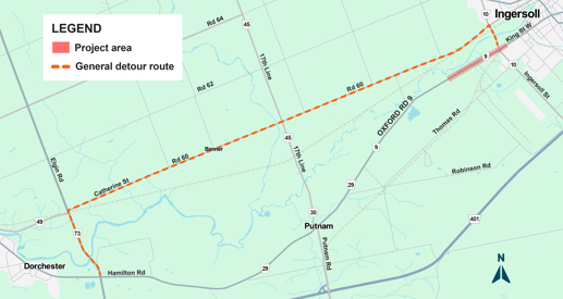 oxford Road 9 (King St), Ingersoll detour route